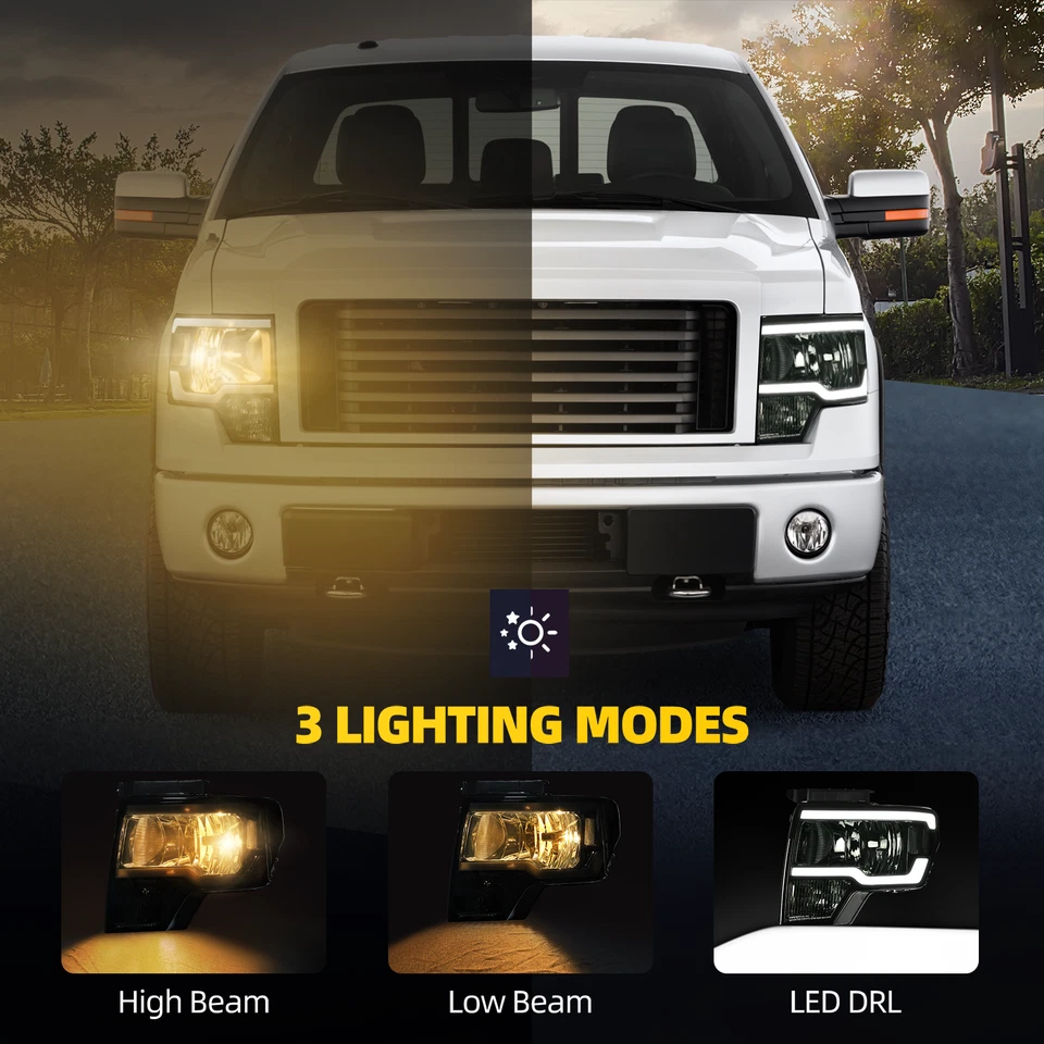 Sequential Turn Signal LED DRL Headlights For 2009-2014 Ford F150 Smoke Lens - Image 2 of 4