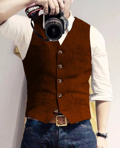 Mens Tweed Waistcoats Hunting Wool Vests Herringbone Vintage Retro Wedding Lined - Picture 20 of 36