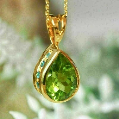 2.00Ct Pear Cut Lab-Created Green Peridot Women's Pendant 14K Yellow Gold Plated - Picture 9 of 9