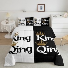King and Queen Crown Comforter Set Black White Couple Bedding Set for Adult M...