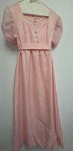 : Vintage 1960s 1970s Pink Empire Waist Prom Dress Puff Sleeve Rhinestone Button