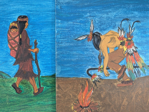 Vintage 1969 2er Set Primitive Indianer Motiv Gemälde von Betty Jean - Bild 1 von 23