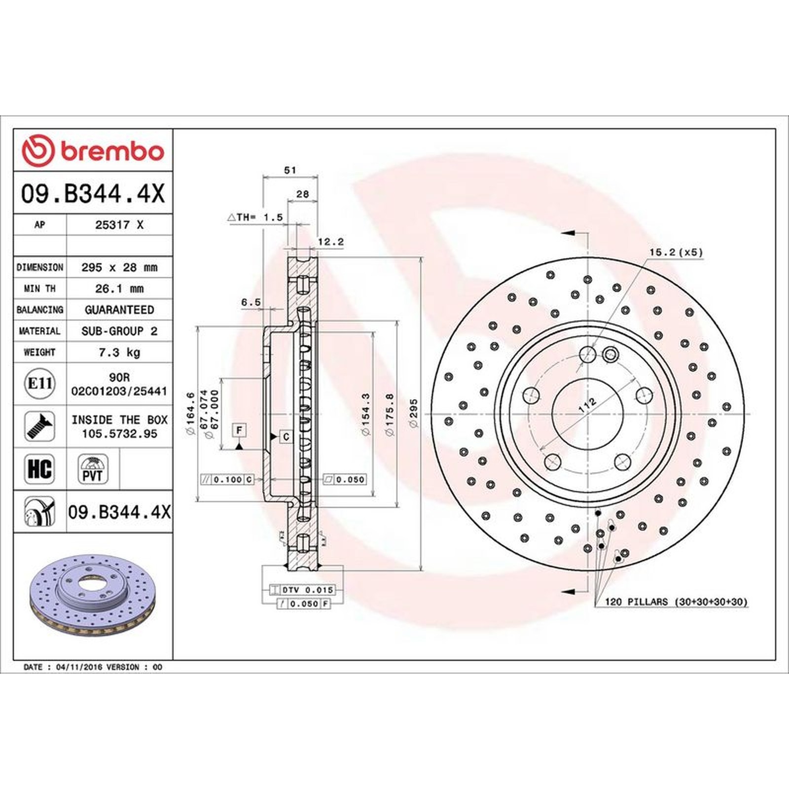 Brembo Xtra Line Vented Brake Disc Pair - Drilled - 09.B344.4X Fits Mercedes