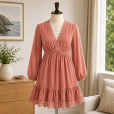 NWT Cupshe Swiss Dot Mini Dress  Small Pink Crochet Lace Long Sleeve V-Neck