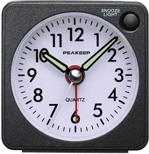 Peakeep Compact Battery Travel Alarm Clock with Snooze and Light, Silent Design