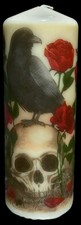 Hand Decorated Candle/Decoupage/Halloween/Crow/Skull/Red Roses/19 x 6.5 Cm