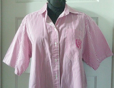 80's CASUAL CODE SS Pink Stripe Embroidered Button Up Shirt Top Blouse L