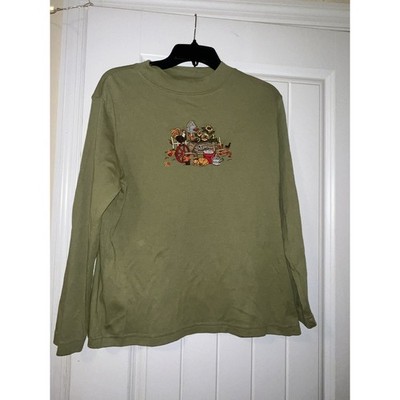 Mountain Lake women s green mock neck fall embroidered autumn shirt cats medium