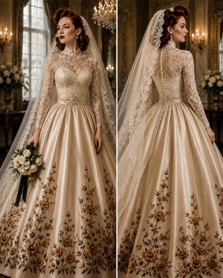 Vintage Champagne Satin Wedding Dress Lace High Neck Gold Floral Embroidery