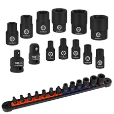 13-Pc E-Torx Socket Set, E4–E20 Star Sockets + 2 Impact Adapters