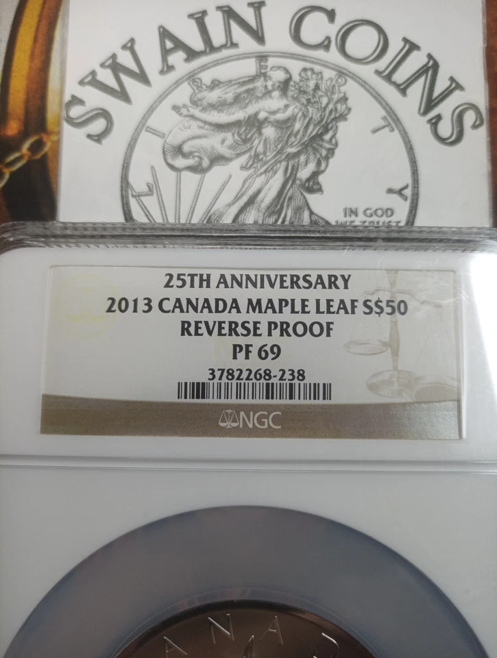 Plata Canadá 2013 $50 hoja de arce 25 aniversario 5 oz NGC PRUEBA INVERSA 69 Foto 2 de 4