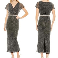 NWTs Mac Duggal Fully Beaded Wrap V-Neck Cap Sleeve Midi Dress Black Size 14