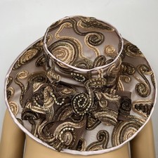 Vintage Mr. Hi's Classic Wide Brim Brown Church Tea Dress Hat Sequins Bow Beaded