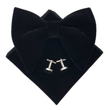 Men Black Velvet Pre-Tied Adjustable Bow Tie Pocket Square Cufflink Tie Set
