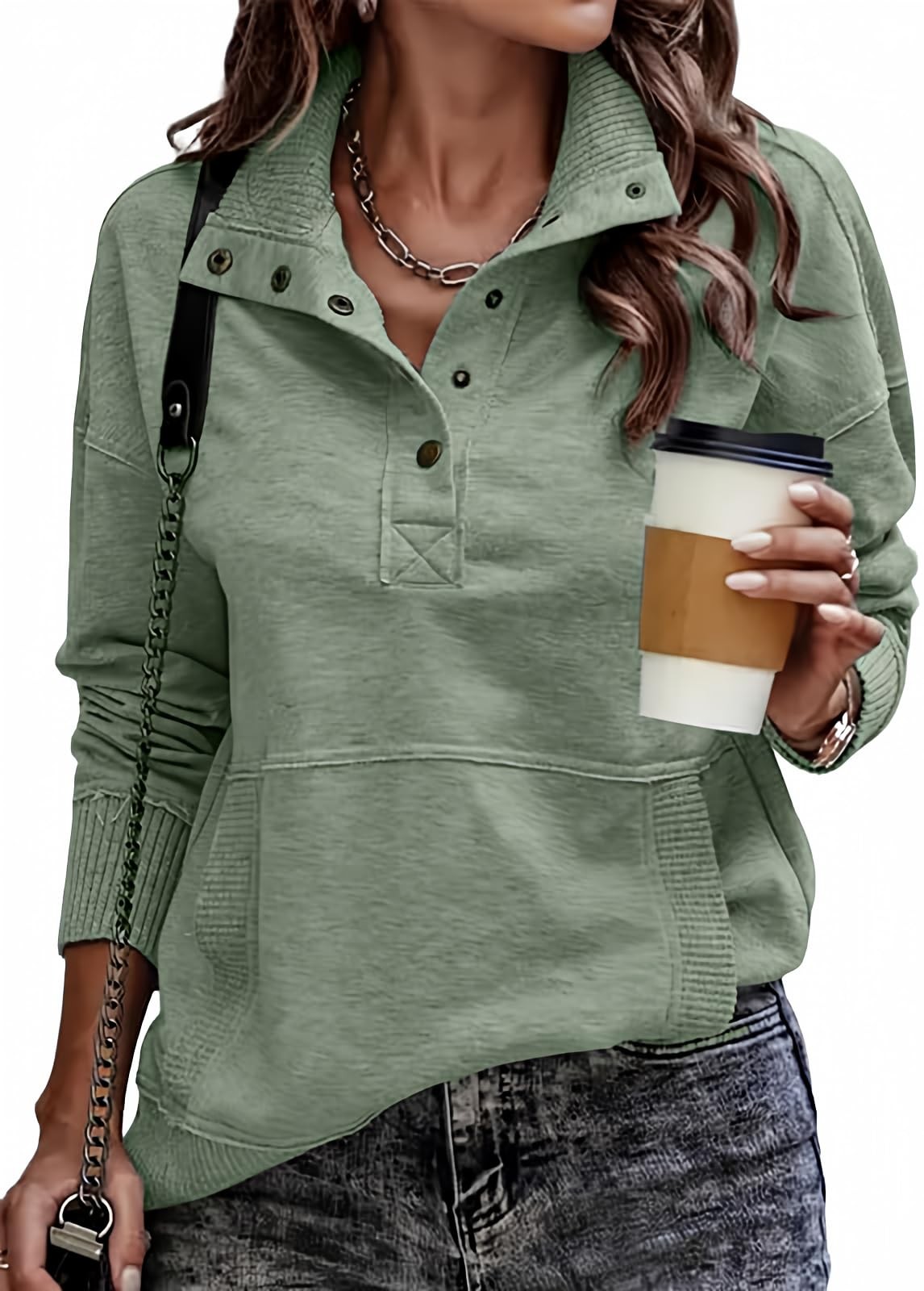 Sweatshirt For Women Loose Fit Casual Button V Neck Solid Lightweight Pullove...-image