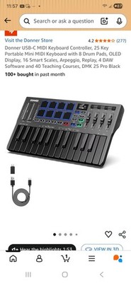 Donner DMK25 Pro Portable Midi Keyboard Controller 25 Mini Key, USB-C