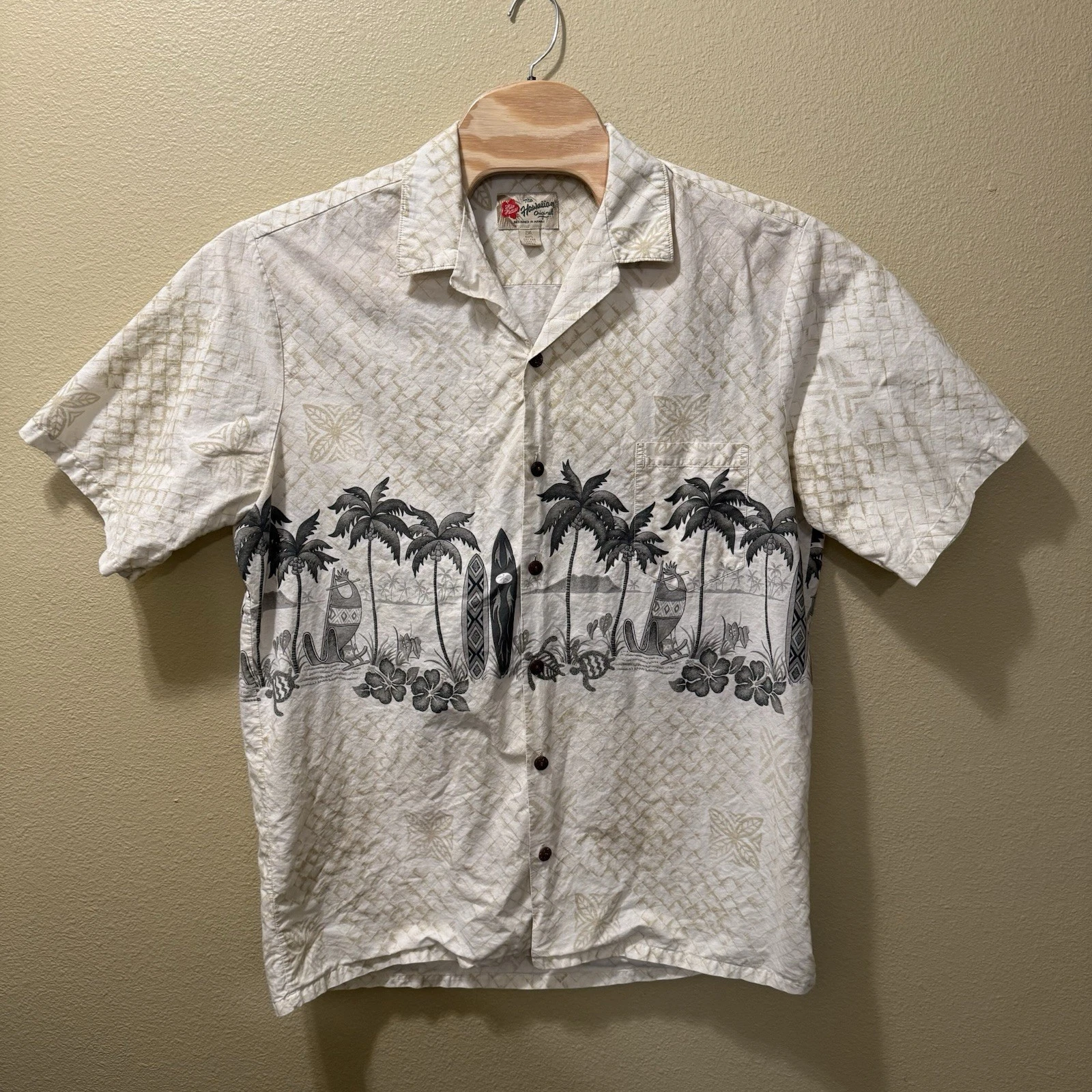 Men’s 2XL Vintage Hilo Hattie Hawaiian Original Palm Surfboard Button Down Shirt