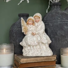 Ragon House Christmas Victorian Snow Couple Figurine with Tree Frosted 8.5”