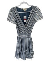 Michael Kors Dress XS, Blue Striped Short Sleeve Faux Wrap w/ Silver, NWT