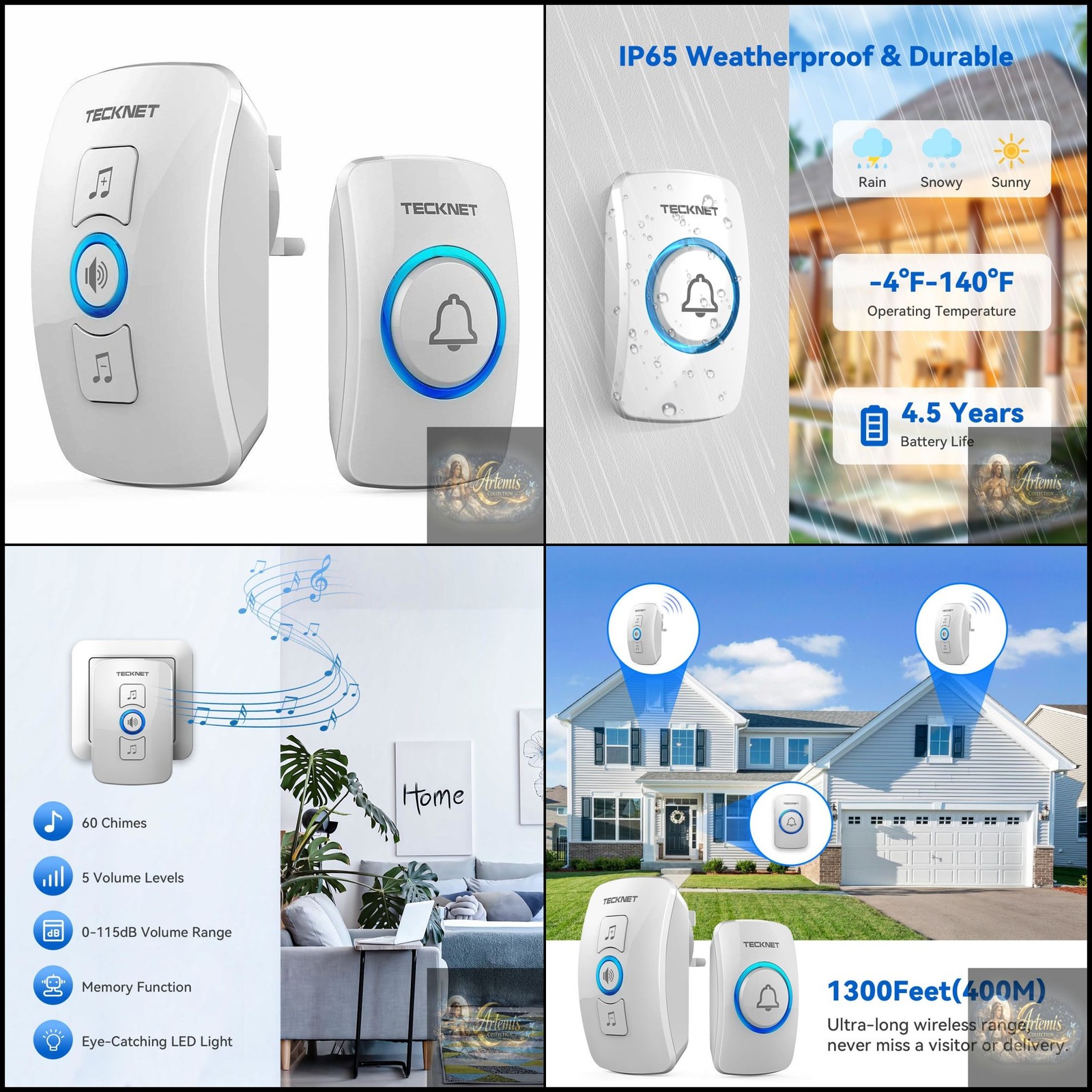TECKNET Wireless Doorbell, IP65 Waterproof 1 Receiver 1 Transmitter, White - Image 4