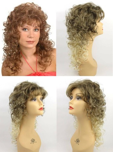 80S WOMENS SHOULDER-LENGTH LAYERED LOOSE CURLS CURLY HAIR WIG W/ BANGS VICTORIAN - Picture 1 of 12