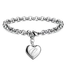 925 Sterling Solid Silver Jewelry A-Z Letter Charm Heart Bracelet For Women