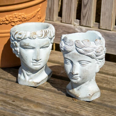 DARTHOME Set Of 2 Cement Roman Head Planters Natural Stone Grey Greek Bust Flower Pots
