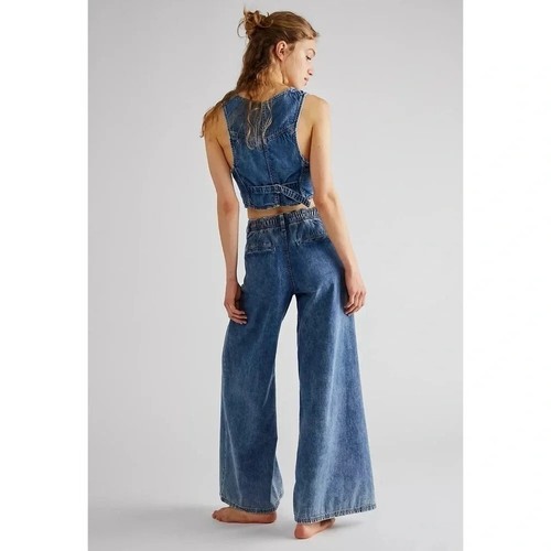 Neu mit Etikett Free People Rider Denim Weste Anzug Hose passendes Set jeansblau Medium - Bild 2 von 16