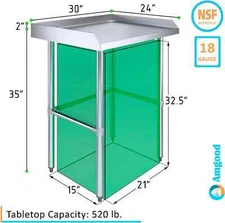 Heavy Duty NSF Commercial Work Table,Open Base,Backsplash & Side Guards 24"x 30"