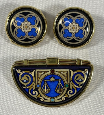 Michaela Frey Wien Gold Plate & Enamel Blue Scales Pendant and Clip Earrings Set