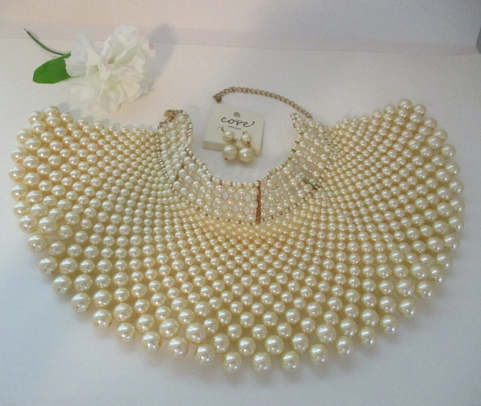 Gargantilla de boda con babero de perlas en capas collar y pendientes colgantes