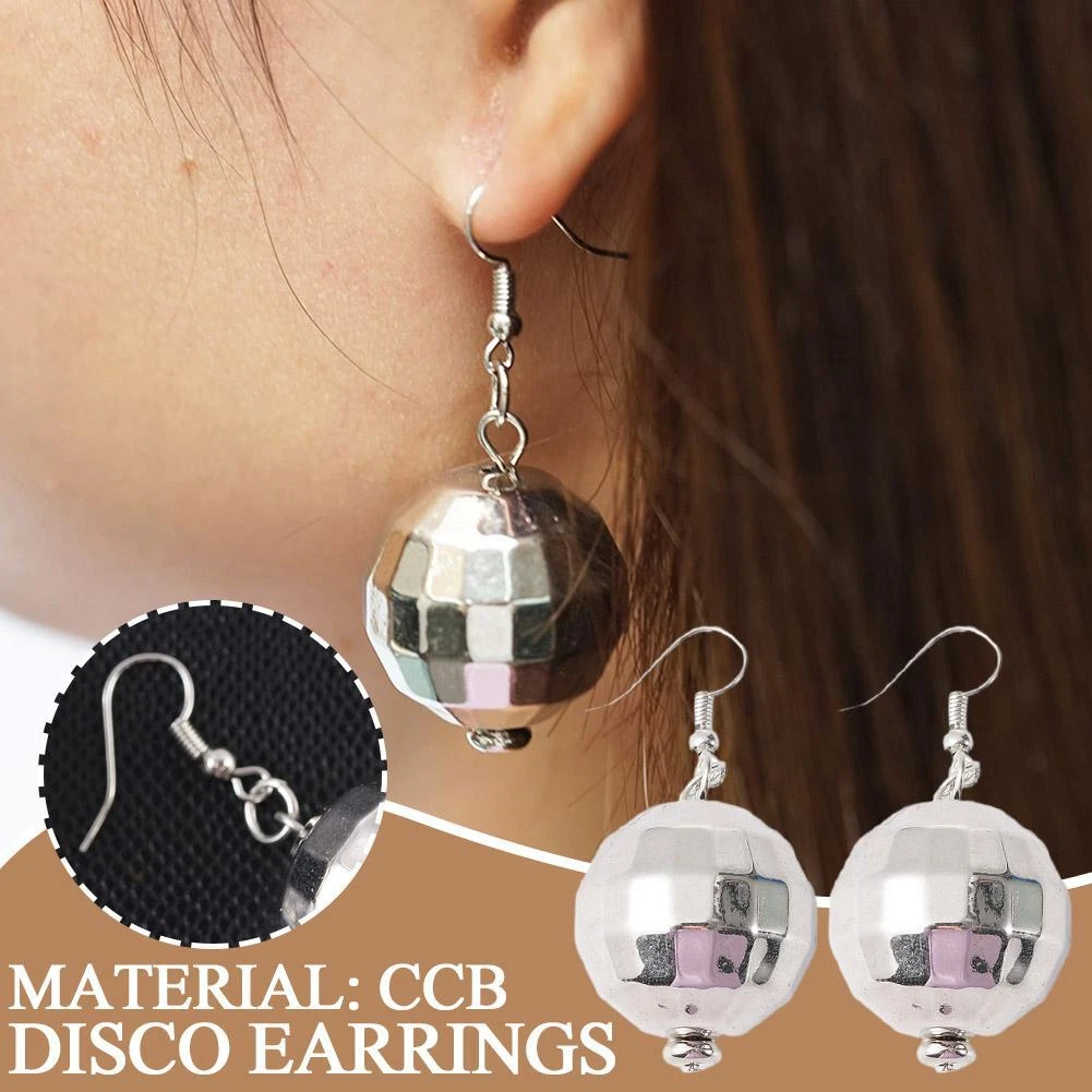Silver Color Shiny Disco Ball Dangle Earrings Jewelry Round Retro