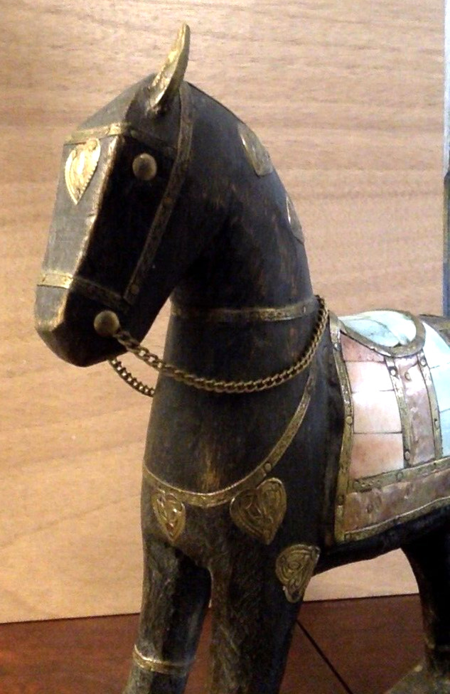 Rocking Horse Sculpture Inlaid and Brass on Wood Figure NEEDS REPAIR