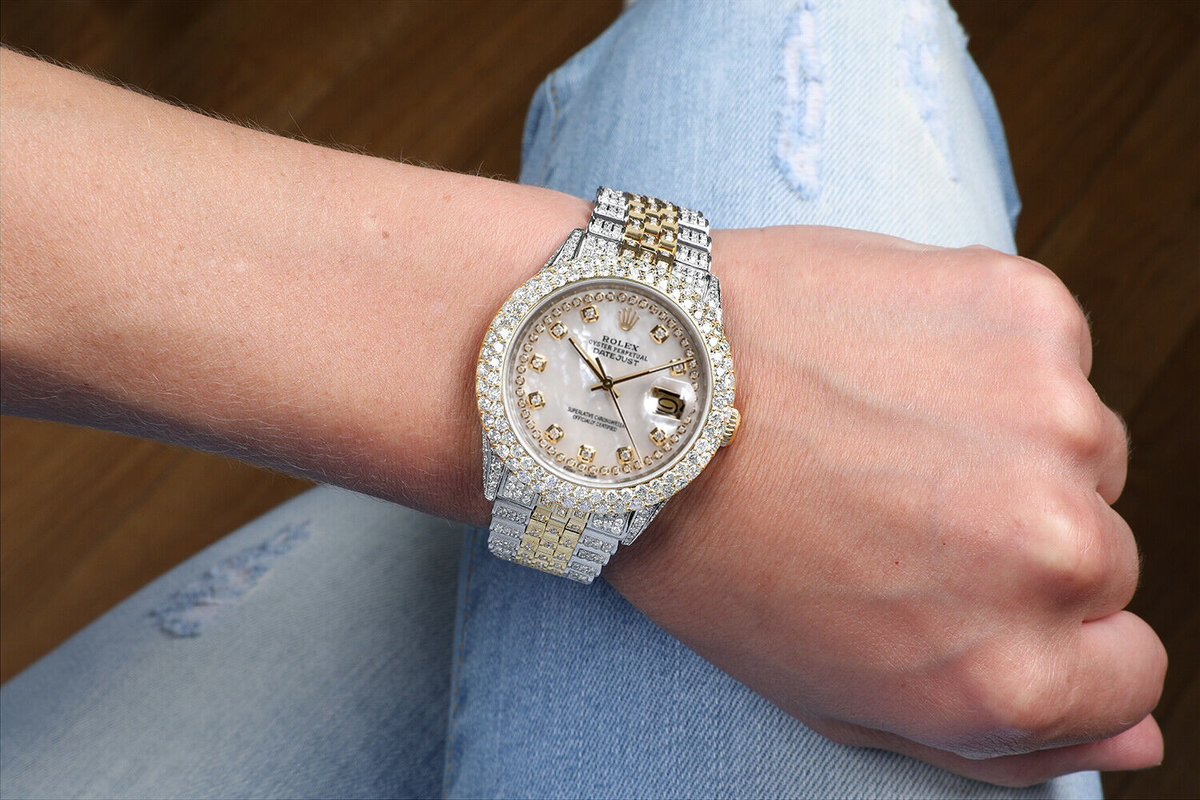 Rolex Datejust 36mm White Mother Of Pearl Dial Two Tone Iced Rolex Datejust 36mm White Mother Of Pearl Dial Two Tone Iced