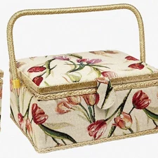 TulipCraft Sewing Basket: Floral Print Storage Box with Removable Tray, Pin Cush