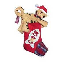 Kitty Cat 3D Christmas Stocking Red Plaid Felted Wool Fleece Good Cat Fish New