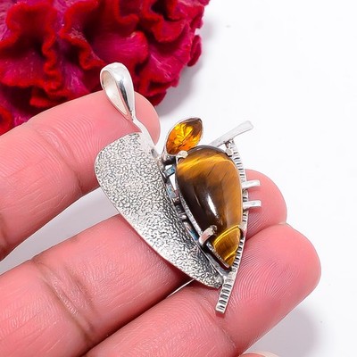 Yellow Tiger Eye & Citrine Gemstone 925 Sterling Silver Pendant 2.03'' P17