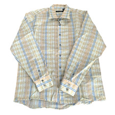 Kenneth Cole New York Mens Casual Button Shirt Tan/Blue Size Large L Striped/Dot