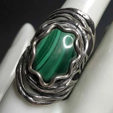 6779 HAGIT GORALI 925 Sterling modernist Sterling Malachite 12.2 grams Ring Sz 8