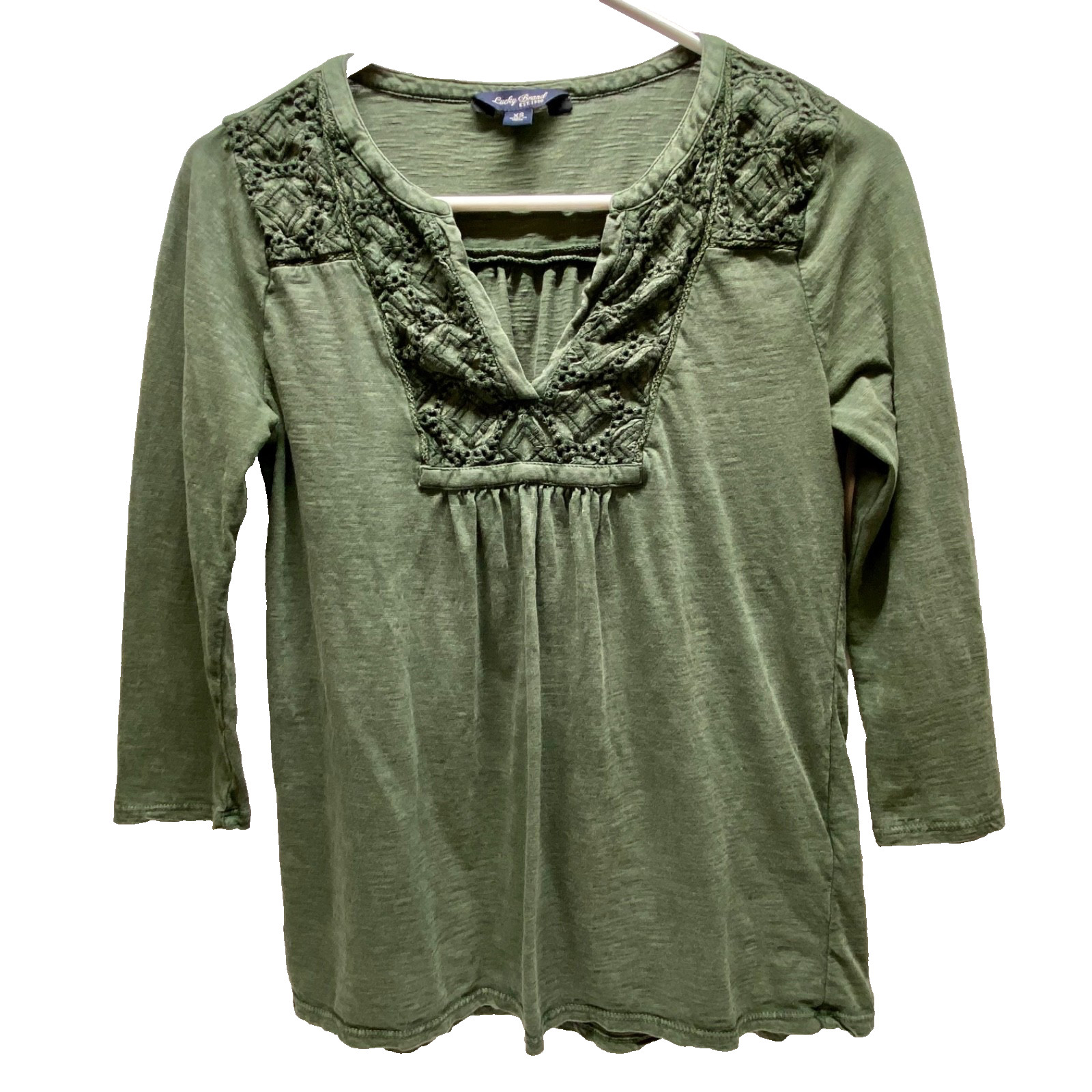 Lucky Brand V-Neck Blouse Women's XS Olive Green Wash Front Embroidered Shirt