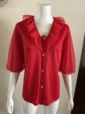 Vintage 1960s Vassarette Red Nylon Tricot Bed Jacket Sheer Ruffle Peignoir Top S