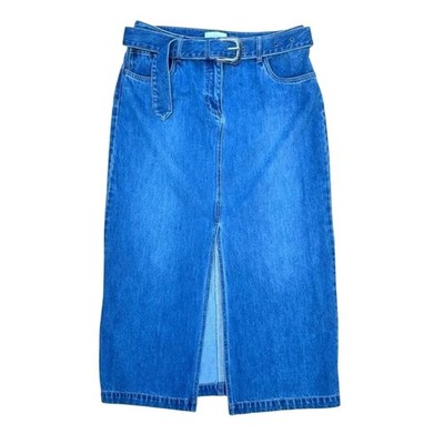 House of Harlow blue western belt denim midi skirt with front slit   