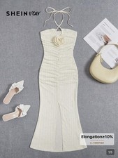 SHEIN VCAY Ivory Halter Bodycon Long Dress Ruched Flower Stretch Size S