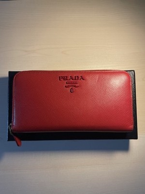 PRADA 1ML506 Logo Saffiano Shine Zip Around Long Wallet Red Fire Leather
