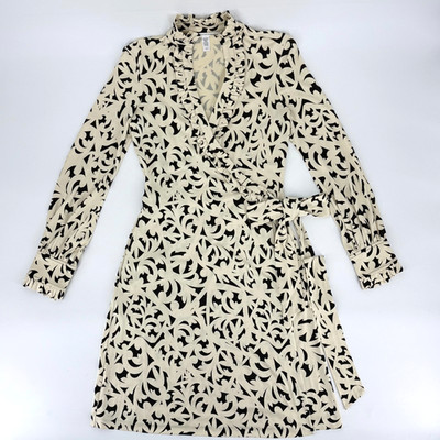 Diane Von Furstenberg DVF Silk Wrap Dress Size 8 Cream Black Print Long Sleeve
