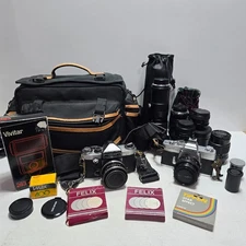Vtg MINOLTA SRT 102 + HANIMEX PRAKTICA super TL 35MM SLR Lot - Lens Flash Case