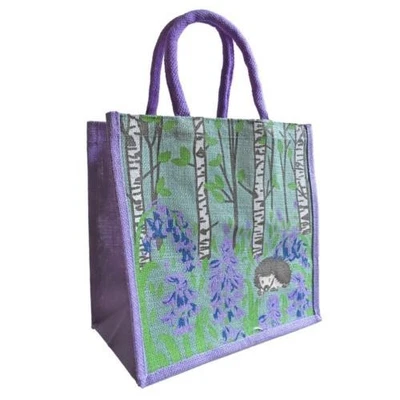 SHARED EARTH HEDGEHOG & BLUEBELL WOOD JUTE SHOPPING BAG lilac fair trade eco shopper NEW!