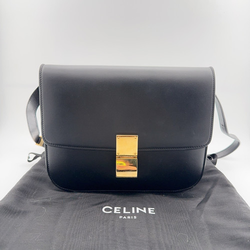 Celine Medium Classic Box Bag Black Smooth Calfskin Gold Hardware Crossbody 24cm