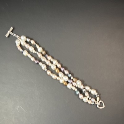 Freshwater Pearl Bracelet 3 Sterling  Strand Silver Heart Toggle Clasp