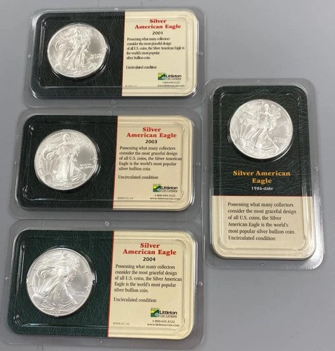 4 US 1ozt .999 Silver Eagle $1 BU toning 2000 2001 2003 2004 Littleton pkg  4359